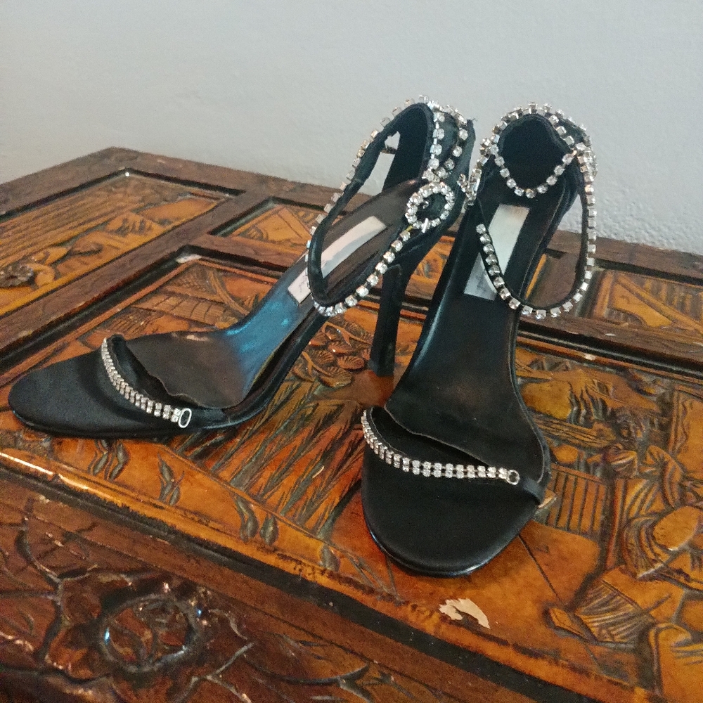 Black satin heels with rhinestone straps
